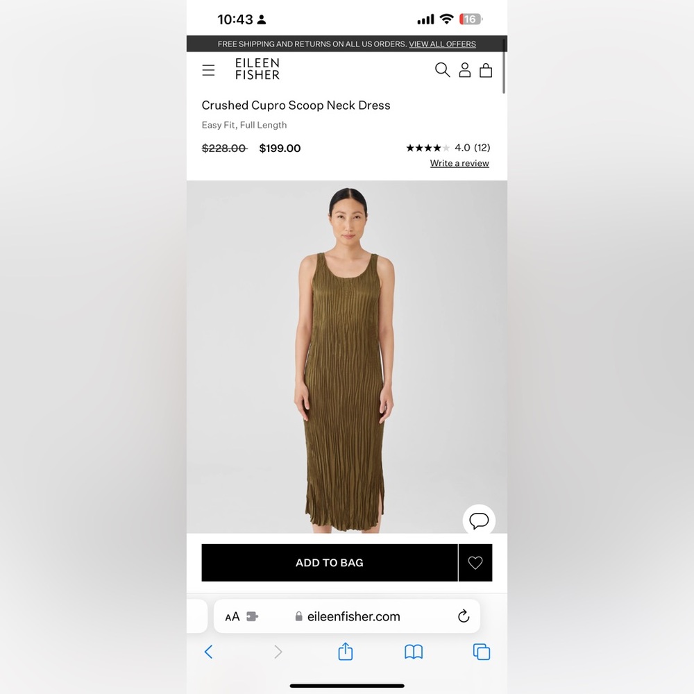 Eileen Fisher, Crushed Cupro Scoop Neck Dress, green midi dress, size medium